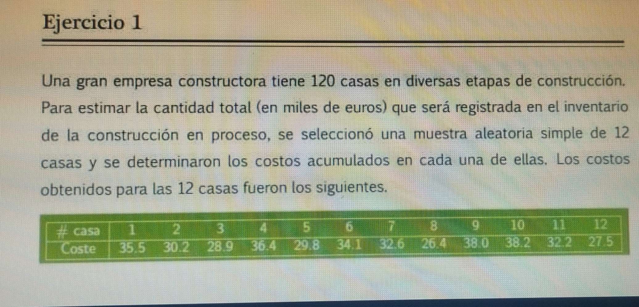 Una gran empresa constructora tiene 120 casas en diversas etapas de construcción. 
Para estimar la cantidad total (en miles de euros) que será registrada en el inventario 
de la construcción en proceso, se seleccionó una muestra aleatoria simple de 12
casas y se determinaron los costos acumulados en cada una de ellas. Los costos 
obtenidos para las 12 casas fueron los siguientes.