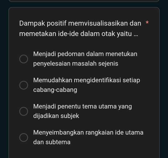 Dampak positif memvisualisasikan dan *
memetakan ide-ide dalam otak yaitu ...
Menjadi pedoman dalam menetukan
penyelesaian masalah sejenis
Memudahkan mengidentifikasi setiap
cabang-cabang
Menjadi penentu tema utama yang
dijadikan subjek
Menyeimbangkan rangkaian ide utama
dan subtema