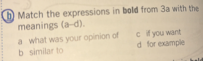 Match the expressions in bold from 3a with the
meanings (a-d). 
a what was your opinion of c if you want
b similar to d for example