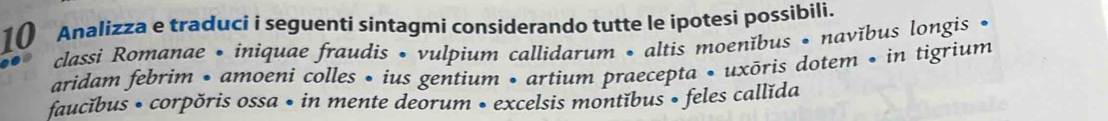 Analizza e traduci i seguenti sintagmi considerando tutte le ipotesi possibili. 
classi Romanae • iniquae fraudis • vulpium callidarum • altis moenĭbus • navǐbus longis • 
aridam febrim • amoeni colles • ius gentium • artium praecepta • uxōris dotem • in tigrium 
faucĭbus • corpõris ossa • in mente deorum • excelsis montĭbus • feles callǐda