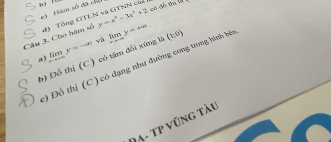 b) H
c) Hàm số đã chỗ
đ) Tổng GTLN và GTNN của
Câu 3. Cho hàm số y=x^3-3x^2+2 có đồ thị là x
và limlimits _xto -∈fty y=+∈fty , (1;0)
b) Đồ thị (C) có tâm đối xứng là a) limlimits _xto +∈fty y=-∈fty
) Đồ thị (C) có dạng như đường cong trong hình bên
A- TP v ũng tàu