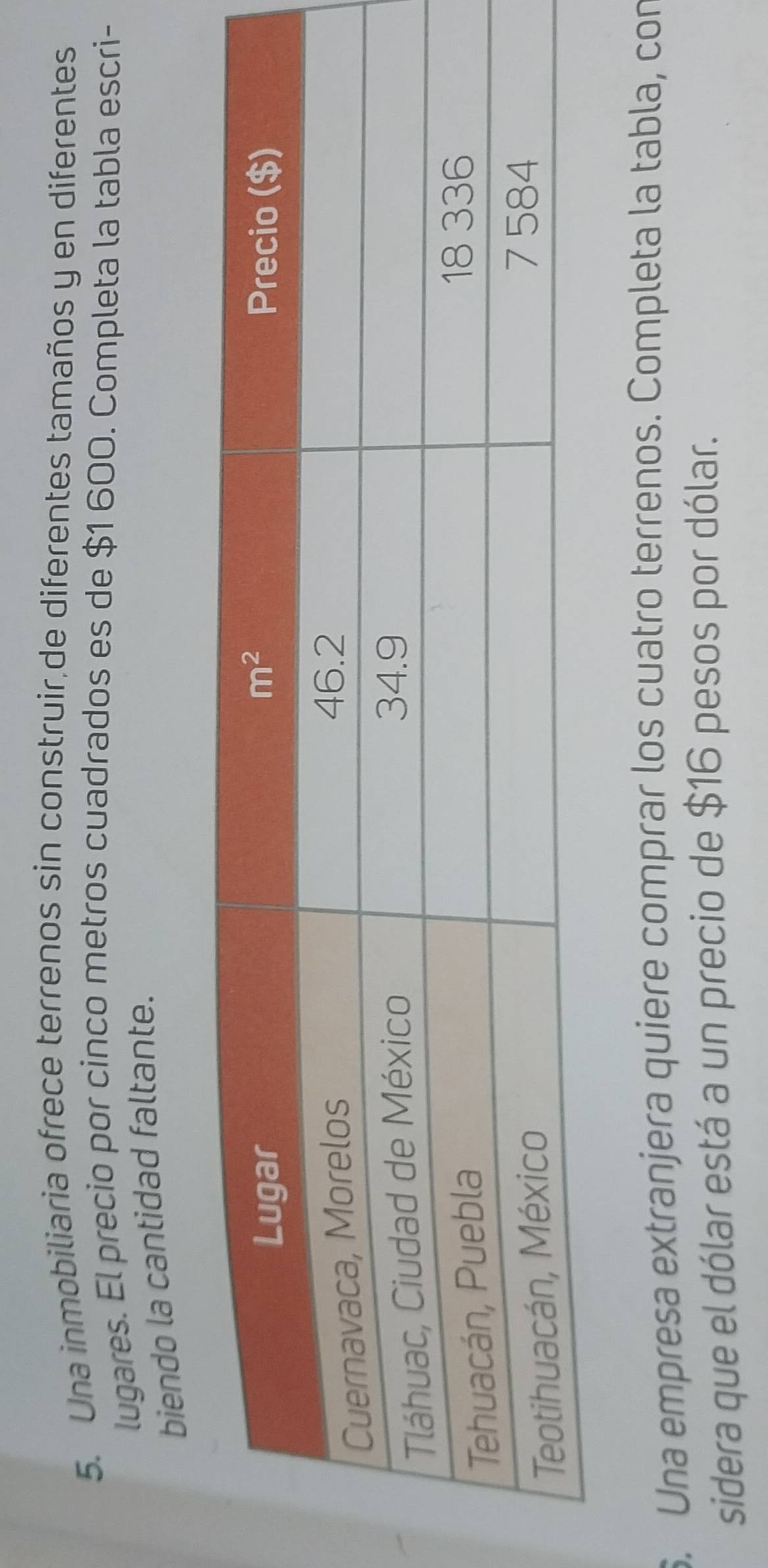 Una inmobiliaria ofrece terrenos sin construir,de diferentes tamaños y en diferentes
lugares. El precio por cinco metros cuadrados es de $1 600. Completa la tabla escri-
biendo la cantidad faltante.
. Una empresa extranjera quiere comprar los cuatro terrenos. Completa la tabla, con
sidera que el dólar está a un precio de $16 pesos por dólar.