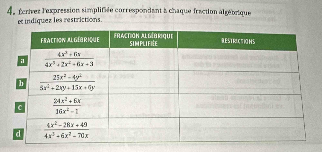 Écrivez l'expression simplifiée correspondant à chaque fraction algébrique
et indiquez les restrictions.