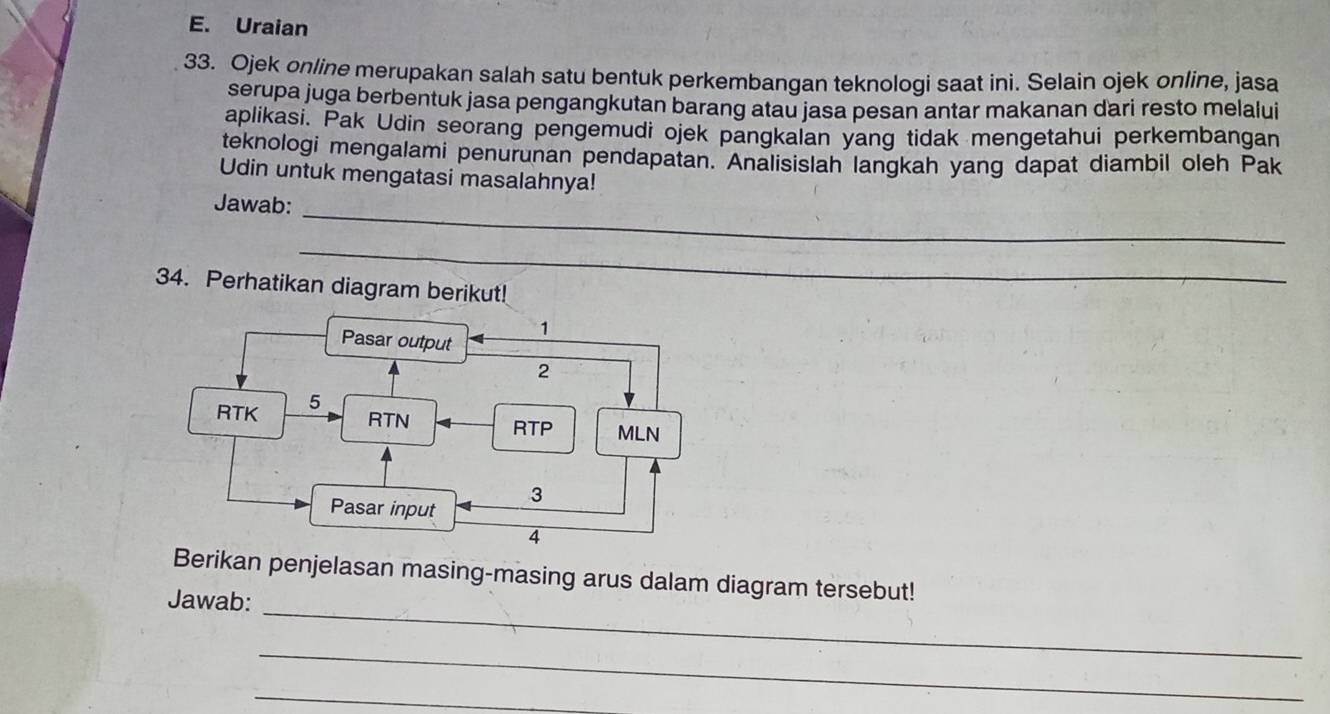 Uraian 
33. Ojek online merupakan salah satu bentuk perkembangan teknologi saat ini. Selain ojek online, jasa 
serupa juga berbentuk jasa pengangkutan barang atau jasa pesan antar makanan dari resto melalui 
aplikasi. Pak Udin seorang pengemudi ojek pangkalan yang tidak mengetahui perkembangan 
teknologi mengalami penurunan pendapatan. Analisislah langkah yang dapat diambil oleh Pak 
Udin untuk mengatasi masalahnya! 
Jawab: 
_ 
_ 
34. Perhatikan diagram berikut! 
_ 
Berikan penjelasan masing-masing arus dalam diagram tersebut! 
Jawab: 
_ 
_