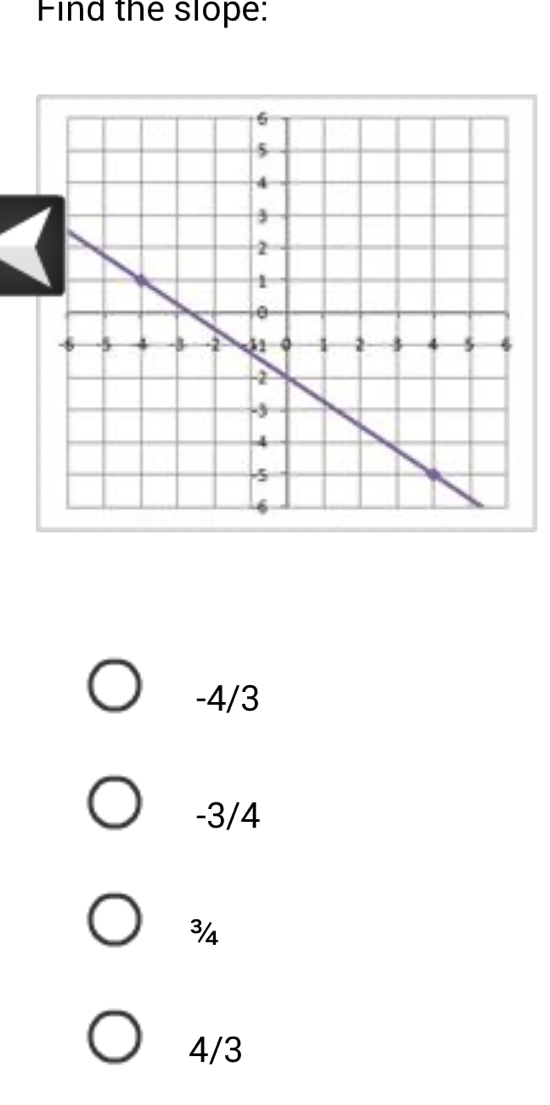 Find the slope:
-4/3
-3/4

4/3