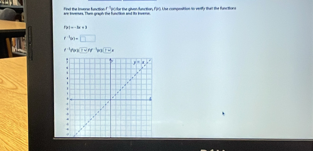 Find the inverse function f^(-1)(x) for the given function f(x). Use composition to verify that the functions
are inverses. Then graph the function and its inverse.
f(x)=-3x+3
f^(-1)(x)=□
f^(-1)(f(x)) 7vee x