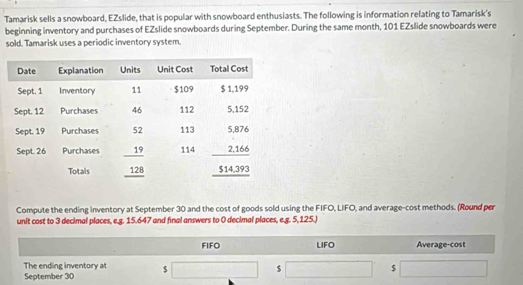 Tamarisk sells a snowboard, EZslide, that is popular with snowboard enthusiasts. The following is information relating to Tamarisk’s
beginning inventory and purchases of EZslide snowboards during September. During the same month, 101 EZslide snowboards were
sold. Tamarisk uses a periodic inventory system.
Compute the ending inventory at September 30 and the cost of goods sold using the FIFO, LIFO, and average-cost methods. (Round per
unit cost to 3 decimal places, e.g. 15.647 and fınal answers to 0 decimal places, e.g. 5,125.)
FIFO LIFO Average-cost
The ending inventory at
$
□  $
$ ∴ △ ADC=∠ BAD
September 30