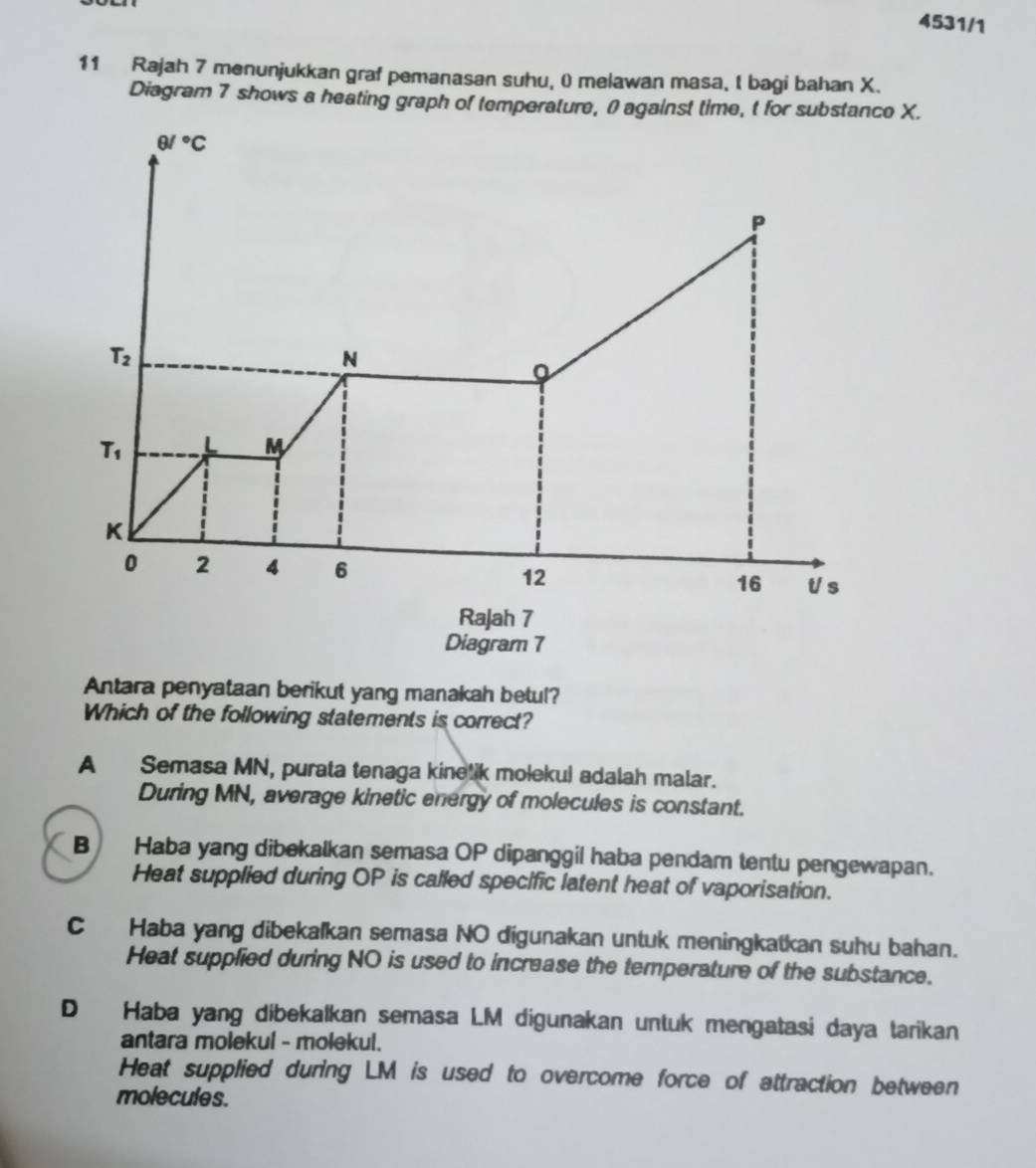 4531/1
11 Rajah 7 menunjukkan graf pemanasan suhu, 0 melawan masa, I bagi bahan X.
Diagram 7 shows a heating graph of temperature, 0 against time, t for substance X.
Antara penyataan berikut yang manakah betul?
Which of the following statements is correct?
A Semasa MN, purata tenaga kinetik moleku) adalah malar.
During MN, average kinetic energy of molecules is constant.
B Haba yang dibekalkan semasa OP dipanggil haba pendam tentu pengewapan.
Heat supplied during OP is called specific latent heat of vaporisation.
C Haba yang dibekalkan semasa NO digunakan untuk meningkatkan suhu bahan.
Heat supplied during NO is used to increase the temperature of the substance.
D Haba yang dibekalkan semasa LM digunakan untuk mengatasi daya tarikan
antara molekul - molekul.
Heat supplied during LM is used to overcome force of attraction between
molecules.