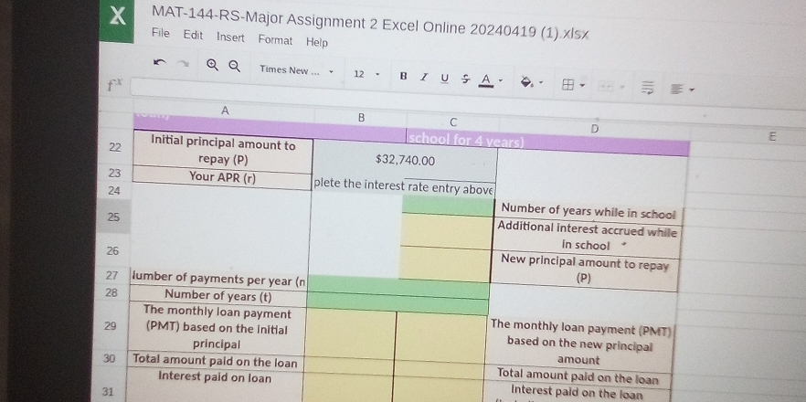 Solved: MAT-144-RS-Major Assignment 2 Excel Online 20240419 (1).xlsx ...