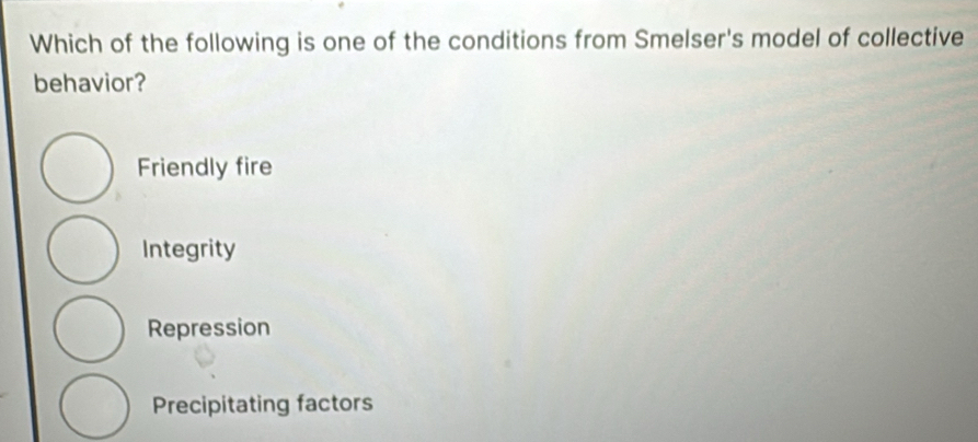 Which of the following is one of the conditions from Smelser's model of collective
behavior?
Friendly fire
Integrity
Repression
Precipitating factors