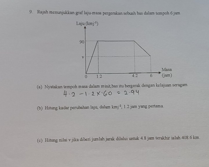 Rajah menunjukkan graf laju-masa pergerakan sebuah bas dalam tempoh 6 jam
(a) Nyatakan tempoh masa dalam minit bas itu bergerak dengan kelajuan seragam
(b) Hitung kadar perubahan laju, dalam kmj^(-2) , 1.2 jam yang pertama
(c) Hitung nilai v jika diberi jumlah jarak dilalui untuk 4.8 jam terakhir ialah 408 6 km.