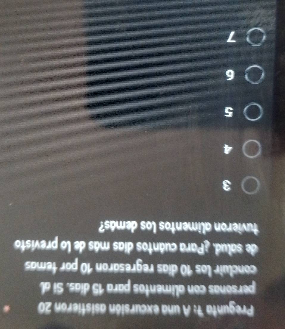 Pregunta 7: A una excursión asistieron 20
personas con alimentos para 15 días. Sí al
concluir los 10 días regresaron 10 por femas
de salud. ¿Para cuântos días más de lo previsto
tuvieron alimentos los demás?
3
4
5
6
1