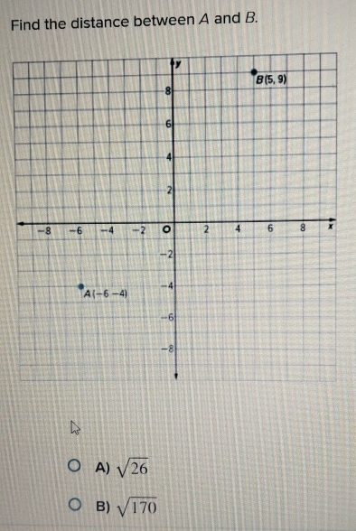 Find the distance between A and B.
A) sqrt(26)
B) sqrt(170)