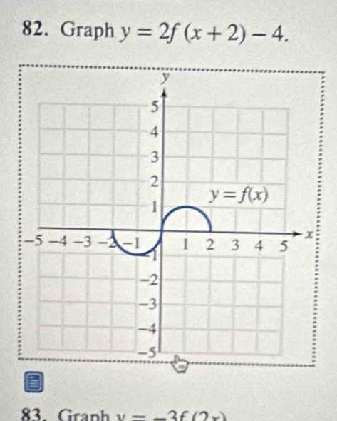 Graph y=2f(x+2)-4.
83. Graph v=-3f(2x)