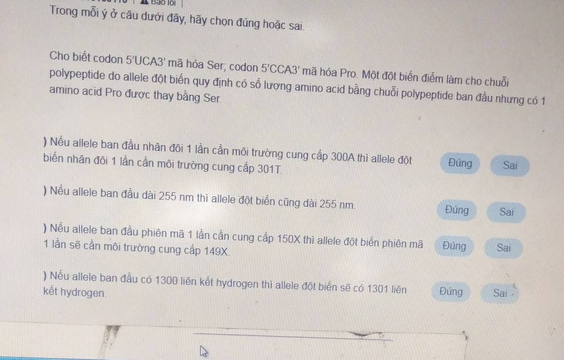 A Bảo lối 
Trong mỗi ý ở câu dưới đây, hãy chọn đúng hoặc sai. 
Cho biết codon 5'l JC A3' mã hóa Ser; codon 5'C CA 3' * mã hóa Pro. Một đột biển điểm làm cho chuỗi 
polypeptide do allele đột biển quy định có số lượng amino acid bằng chuỗi polypeptide ban đầu nhưng có 1
amino acid Pro được thay bằng Ser. 
) Nếu allele ban đầu nhân đôi 1 lần cần môi trường cung cấp 300A thì allele đột Đúng Sai 
biến nhân đôi 1 lần cần môi trường cung cấp 301T. 
) Nếu allele ban đầu dài 255 nm thì allele đột biến cũng dài 255 nm. Sai 
Đúng 
) Nếu allele ban đầu phiên mã 1 lần cần cung cấp 150X thì allele đột biến phiên mã Đúng Sai 
1 lần sẽ cần môi trường cung cấp 149X. 
) Nếu allele ban đầu có 1300 liên kết hydrogen thì allele đột biển sẽ có 1301 liên 
kết hydrogen. Đúng Sai