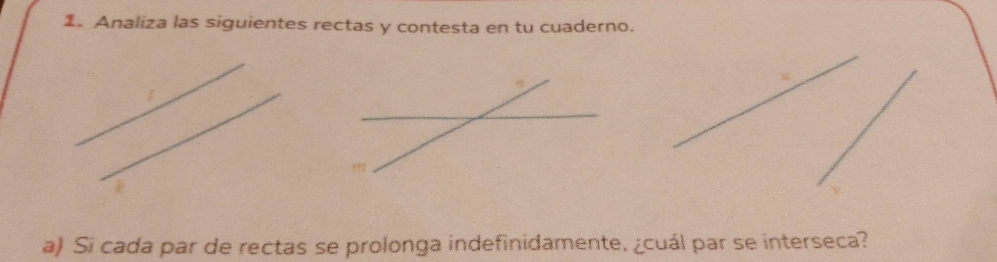 Analiza las siguientes rectas y contesta en tu cuaderno. 
a) Sí cada par de rectas se prolonga indefinidamente, ¿cuál par se interseca?