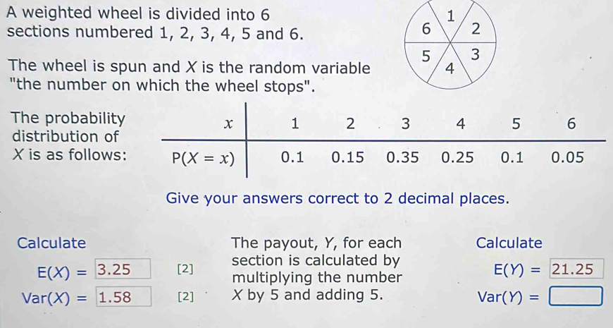 A weighted wheel is divided into 6 
sections numbered 1, 2, 3, 4, 5 and 6.
The wheel is spun and X is the random variable
"the number on which the wheel stops".
The probability
distribution of
X is as follows:
Give your answers correct to 2 decimal places.
Calculate The payout, Y, for each Calculate
E(X)=_ 3.25 [2] section is calculated by
multiplying the number
E(Y)=_ 21.25
Var(X)=1.58 [2] X by 5 and adding 5.
Var(Y)=□