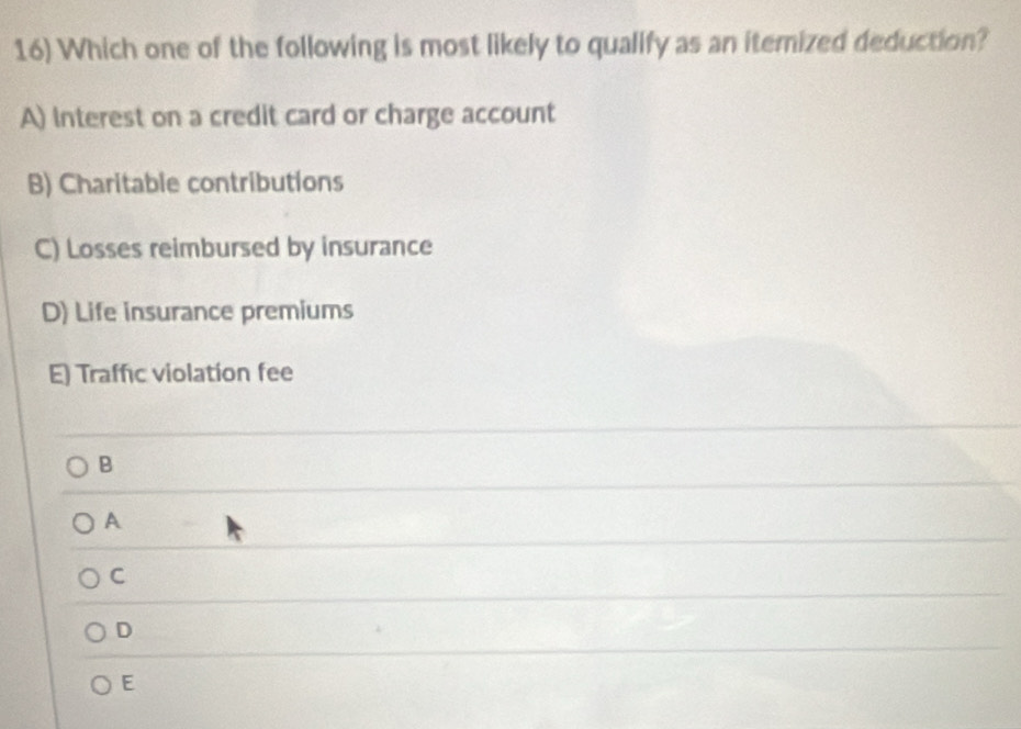 Which one of the following is most likely to qualify as an iterized deduction?
A) Interest on a credit card or charge account
B) Charitable contributions
C) Losses reimbursed by insurance
D) Life insurance premiums
E) Traffic violation fee
B
A
C
D
E