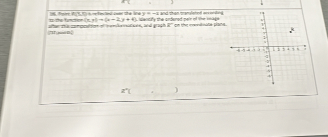 '''6 Pair P(5(5,3) s refected over the line y=-x and then translated according 
t the uncttion (xy)to (x-2y+4). Identify the ordered pair of the image 
after this comgestion of cansfomations, and gragh 8° on the coordinate plane 
1 gurs
z° )