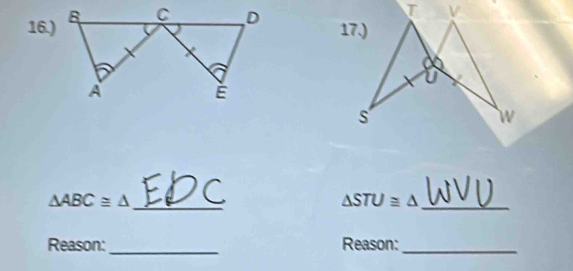 16.) 
_ △ ABC≌ △
△ STU≌ △ _ 
Reason:_ Reason:_