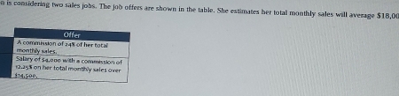 is considering two sales jobs. The job offers are shown in the table. She estimates her total monthly sales will average $18,00