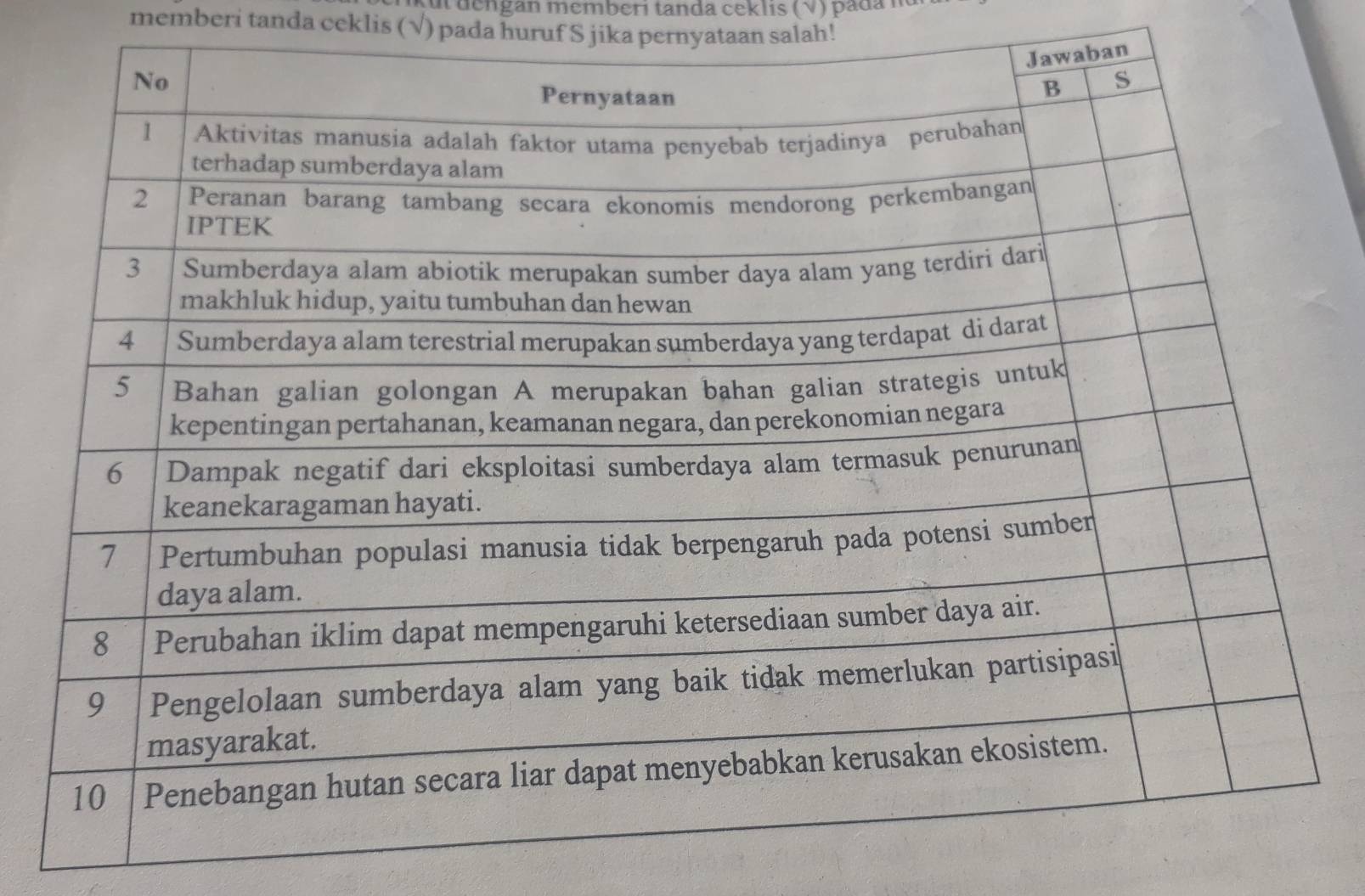 fut dengan memberi tanda ceklis (V) pada n 
memberi tanda ceklis (√) pada huruf S jika pernyataan salah!