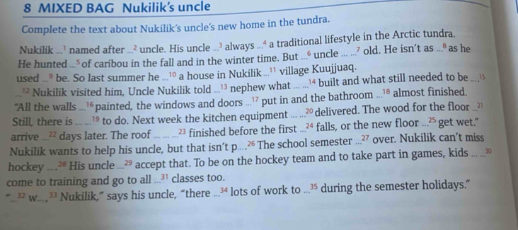 MIXED BAG Nukilik's uncle 
Complete the text about Nukilik’s uncle’s new home in the tundra. 
Nukilik _ 1 named after _ ^2 uncle. His uncle ...3 always ...ª a traditional lifestyle in the Arctic tundra. 
He hunted ·s^5 of caribou in the fall and in the winter time. But ... _ ^6 uncle ... ...? old. He isn't as...8 as he 
used..^9 be. So last summer he _ 10 a house in Nukilik ...’ village Kuujjuaq.
12 Nukilik visited him, Uncle Nukilik told 13 nephew what _ 14 built and what still needed to be _ 15
"All the walls 16 painted, the windows and doors ...’7 put in and the bathroom 18 almost finished. 
Still, there is _ 19 to do. Next week the kitchen equipment _ 20 delivered. The wood for the floor _ 21
arrive 22 days later. The roof 23 finished before the first 24 falls, or the new floor...25 get wet.” 
Nukilik wants to help his uncle, but that isn’t p...^26 The school semester 27 over. Nukilik can’t miss 
hockey _ 28 His uncle _ 29 accept that. To be on the hockey team and to take part in games, kids _ 30
come to training and go to all ... 31 classes too.
32 W... 33 Nukilik,” says his uncle, “there .. lots of work to...35 during the semester holidays."
34