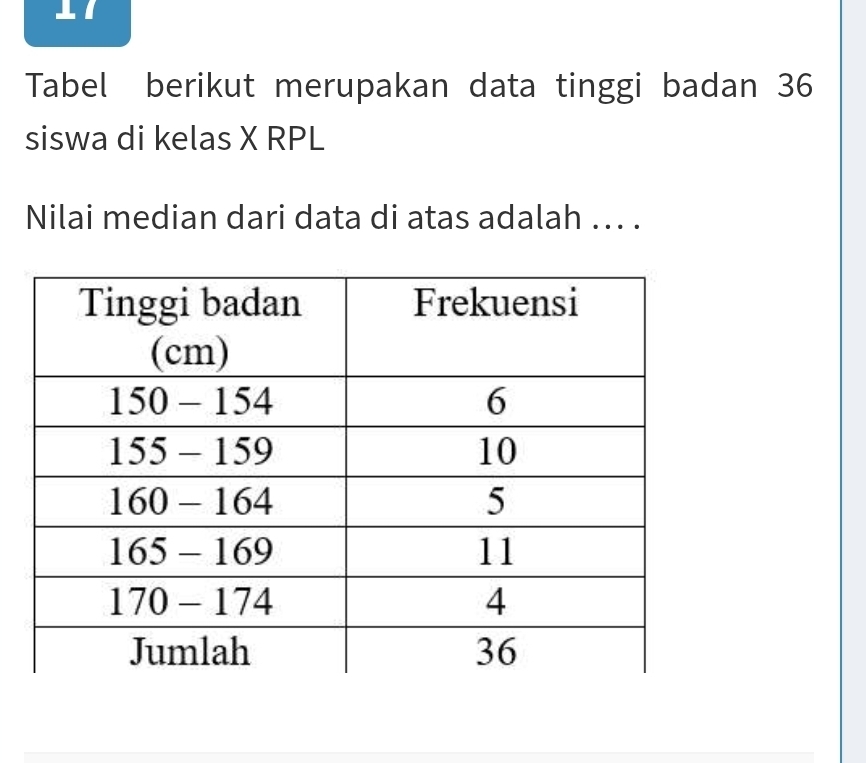 Tabel berikut merupakan data tinggi badan 36
siswa di kelas X RPL 
Nilai median dari data di atas adalah ... .