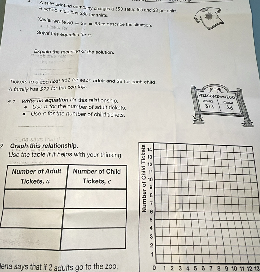 A shirt printing company charges a $50 setup fee and $3 per shirt. 
A school club has $86 for shirts. 
Xavier wrote 50+3x=86 to describe the situation. 
Solve this equation for x. 
Explain the meaning of the solution. 
Tickets to a zoo cost $12 for each adult and $8 for each child. 
A family has $72 for the zoo trip. 
5.1 Write an equation for this relationship. 
Use a for the number of adult tickets. 
Use c for the number of child tickets. 
2 Graph this relationship. 
Use the table if it helps with your thinking. 
lena says that if 2 adults go to the zoo, 0 1 2 3 4 5 6 7 8 9 10 11 12 13