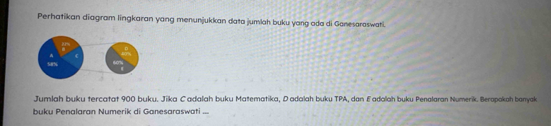 Perhatikan diagram lingkaran yang menunjukkan data jumlah buku yang ada di Ganesaraswati. 
∠ 
A C
58%
Jumlah buku tercatat 900 buku. Jika C adalah buku Matematika, D adalah buku TPA, dan Eadalah buku Penalaran Numerik. Berapakah banyak 
buku Penalaran Numerik di Ganesaraswati ....