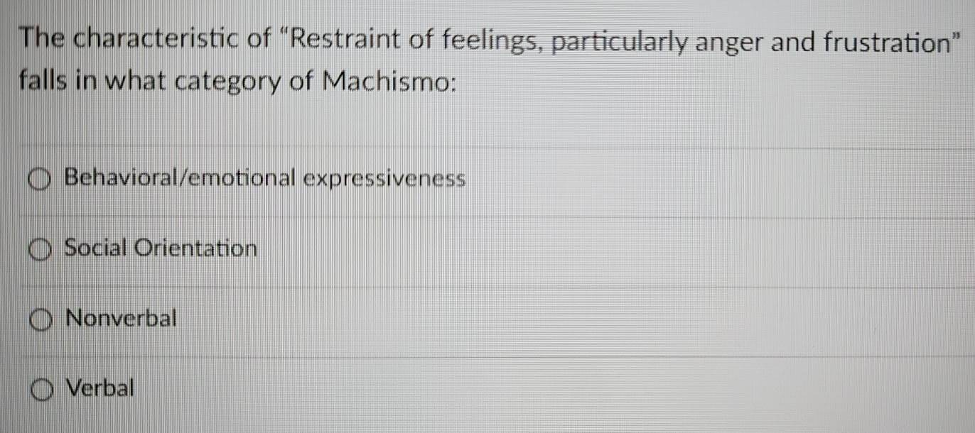 The characteristic of “Restraint of feelings, particularly anger and frustration”
falls in what category of Machismo:
Behavioral/emotional expressiveness
Social Orientation
Nonverbal
Verbal