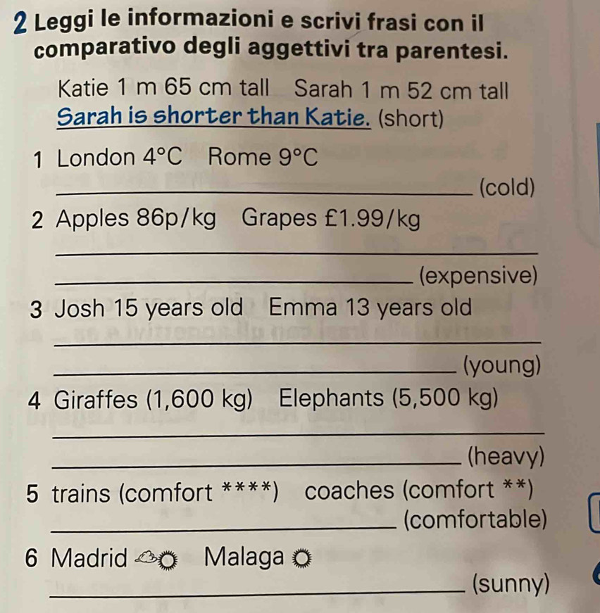 Leggi le informazioni e scrivi frasi con il 
comparativo degli aggettivi tra parentesi. 
Katie 1 m 65 cm tall Sarah 1 m 52 cm tall 
Sarah is shorter than Katie. (short) 
1 London 4°C Rome 9°C
_(cold) 
2 Apples 86p/kg Grapes £1.99/kg
_ 
_(expensive) 
3 Josh 15 years old Emma 13 years old 
_ 
_(young) 
4 Giraffes (1,600 kg) Elephants (5,500 kg) 
_ 
_(heavy) 
5 trains (comfort ****) coaches (comfort **) 
_(comfortable) 
6 Madrid Malaga 
_(sunny)