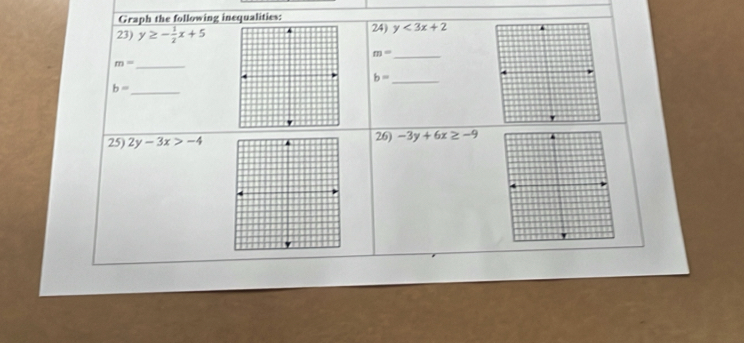 Graph the following inequalities: 
23) y≥ - 1/2 x+5 24) y<3x+2
m= _
m= _ 
_ b=
b= _ 
25) 2y-3x>-4 26) -3y+6x≥ -9