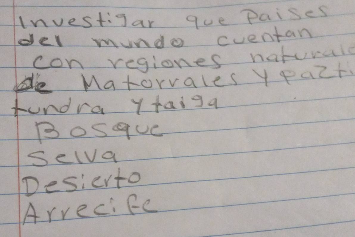 Investijar que Paises 
del mundo cuentan 
con regiones naturald 
Matorvales Ypazt 
fundra ytaiga 
Bosque 
Selva 
Desierto 
Arrecife