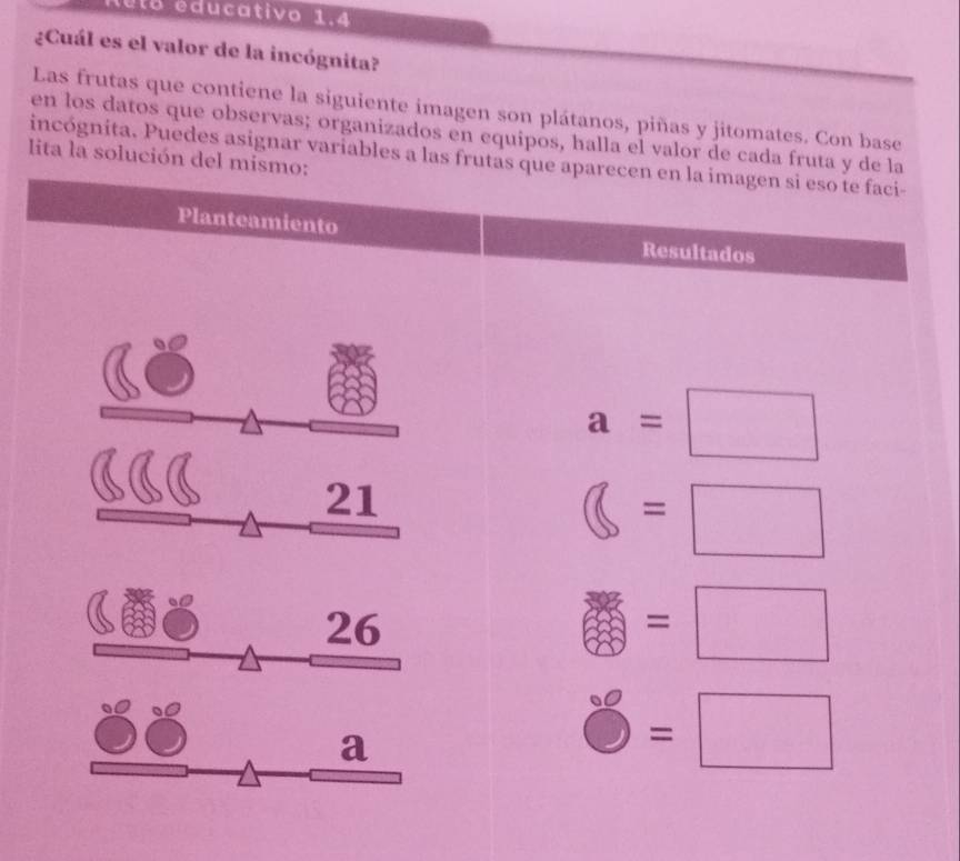 lo educativo 1.4
¿Cuál es el valor de la incógnita?
Las frutas que contiene la siguiente imagen son plátanos, piñas y jitomates. Con base
en los datos que observas; organizados en equipos, halla el valor de cada fr
lita la solución d
incógnita. Puedes asignar variables a las fr