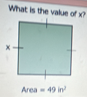 What is the value of x?
Area =49in^2