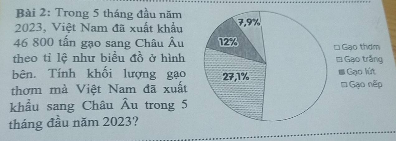 Trong 5 tháng đầu năm
2023, Việt Nam đã xuất khẩu
46 800 tấn gạo sang Châu Âu 
Gạo thơm 
theo tỉ lệ như biểu đồ ở hình Gạo trắng 
bên. Tính khối lượng gạoGạo lút 
thơm mà Việt Nam đã xuất * Gạo nếp 
khẩu sang Châu Âu trong 5
tháng đầu năm 2023?