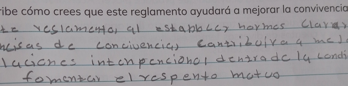 ribe cómo crees que este reglamento ayudará a mejorar la convivencia 
_ 
_ 
_ 
_ 
_ 
_ 
_