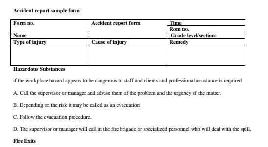 Accident report sample form
if the workplace hazard appears to be dangerous to staff and clients and professional assistance is required
A. Call the supervisor or manager and advise them of the problem and the urgency of the matter.
B. Depending on the risk it may be called as an evacuation
C. Follow the evacuation procedure.
D. The supervisor or manager will call in the fire brigade or specialized personnel who will deal with the spill.
Fire Exits