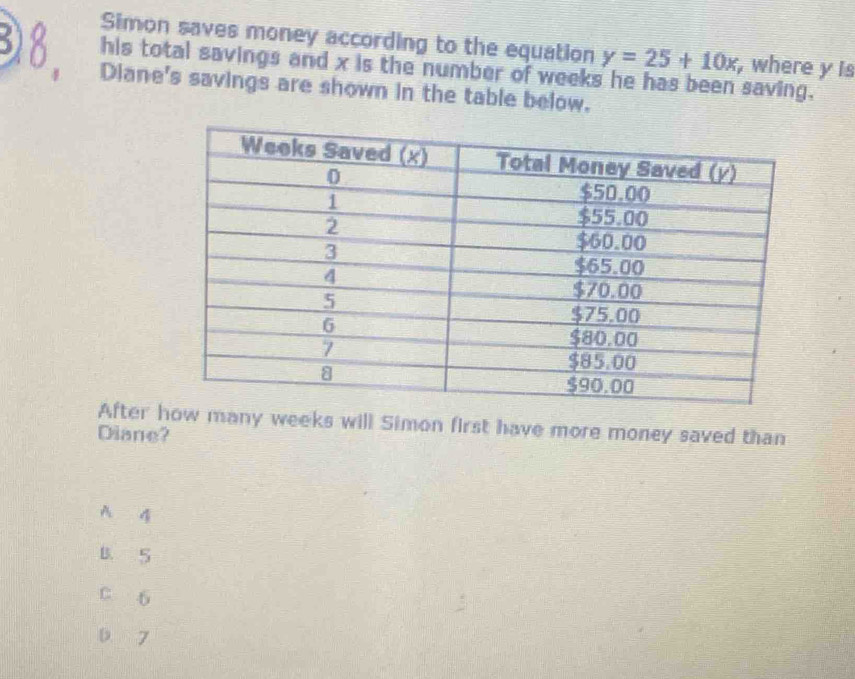 Simon saves money according to the equation y=25+10x , where y is
his total savings and x is the number of weeks he has been saving.
Diane's savings are shown in the table below.
After how many weeks will Simon first have more money saved than
Diane?
A 4
B. 5
C 6
D. 7