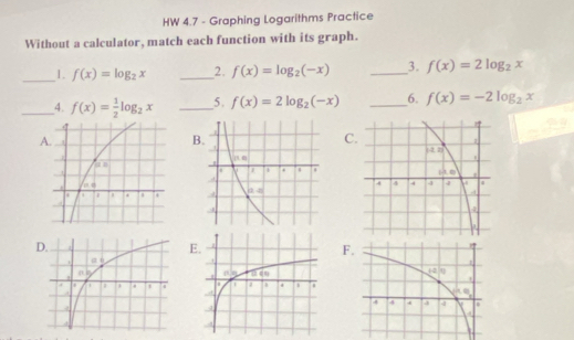 HW 4.7 - Graphing Logarithms Practice
Without a calculator, match each function with its graph.
_1. f(x)=log _2x _2. f(x)=log _2(-x) _3. f(x)=2log _2x
_4. f(x)= 1/2 log _2x _5. f(x)=2log _2(-x) _6. f(x)=-2log _2x
A.
B.
C
D.
E.
F