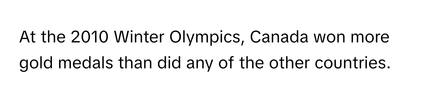 At the 2010 Winter Olympics, Canada won more gold medals than did any of the other countries.