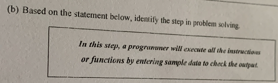 Based on the statement below, identify the step in problem solving. 
In this step, a programmer will execute all the instructions 
or functions by entering sample data to check the output.