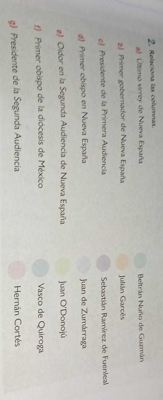 Relaciona las columnas. 
a) Último virrey de Nueva España Beltrán Nuño de Guzmán 
b) Primer gobernador de Nueva España Julián Garcés 
c) Presidente de la Primera Audiencia Sebastián Ramírez de Fuenleal 
d) Primer obispo en Nueva España Juan de Zumárraga 
e) Oidor en la Segunda Audiencia de Nueva España Juan () ''Donojú 
f) Primer obispo de la diócesis de México Vasco de Quiroga 
g) Presidente de la Segunda Audiencia Hernán Cortés