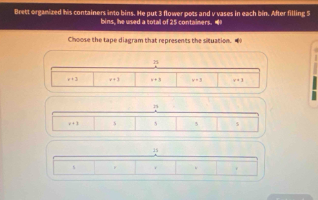 Brett organized his containers into bins. He put 3 flower pots and v vases in each bin. After filling 5
bins, he used a total of 25 containers. ◥ 
Choose the tape diagram that represents the situation. =
25
v+3 v+3 v+3 v+3 v+3
25
v+3 5 5 5 s
25
s v