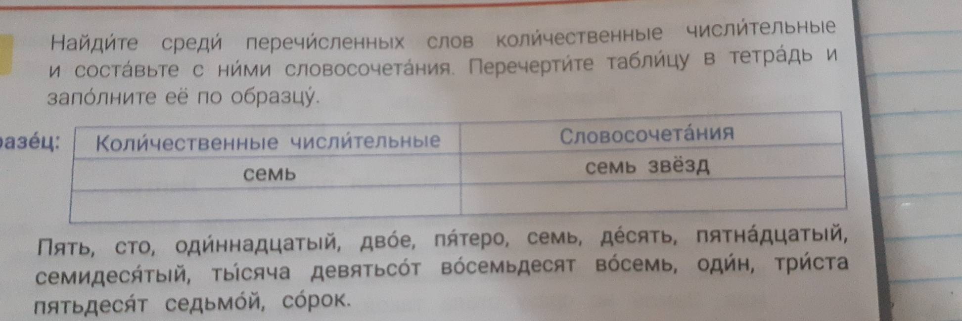 Κайдήτе средή перечйсленных слов ΚолйчественныΙе числйΤельные 
и сосτάвьτе с нήми словосочетάηия. Перечертήτе τаблήцу в теτрάдь и 
заπόлните её по образцý. 
Πяτь, сто, одήηнадцаτыίй, двόе, πήτеро, семь, дέсяτь, πяΤηάдцаτыίй, 
семидесήτыΙй, Τысяча девятьсόΤ Βόсемьдесят Βόсемь, одήη, Τрήста 
ΠяΤьдесάτ седьмόй, сόроκ.