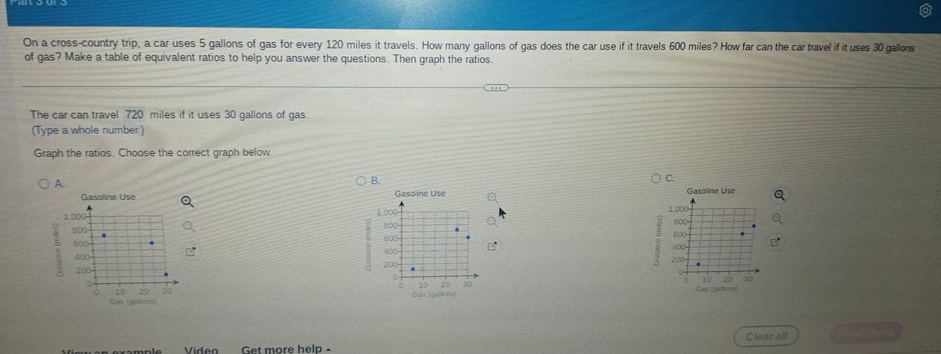 On a cross-country trip, a car uses 5 gallons of gas for every 120 miles it travels. How many gallons of gas does the car use if it travels 600 miles? How far can the car travel if it uses 30 gallons
of gas? Make a table of equivalent ratios to help you answer the questions. Then graph the ratios. 
The car can travel 720 miles if it uses 30 gallons of gas 
(Type a whole number.) 
Graph the ratios. Choose the correct graph below 
A. 
B. 
C 
Gasoline Use Gasoline Use Gasoline Use
1 000
1.000 1.000 800
800 200
600
8 600
R 400
400 400 200
200 200
0 10
0 10 20 20 20 30
0 10 20 30 Cas (gallons) Gas (gaores) 
Cas [gaāons] 
Get more help - Clear all Cuncheo