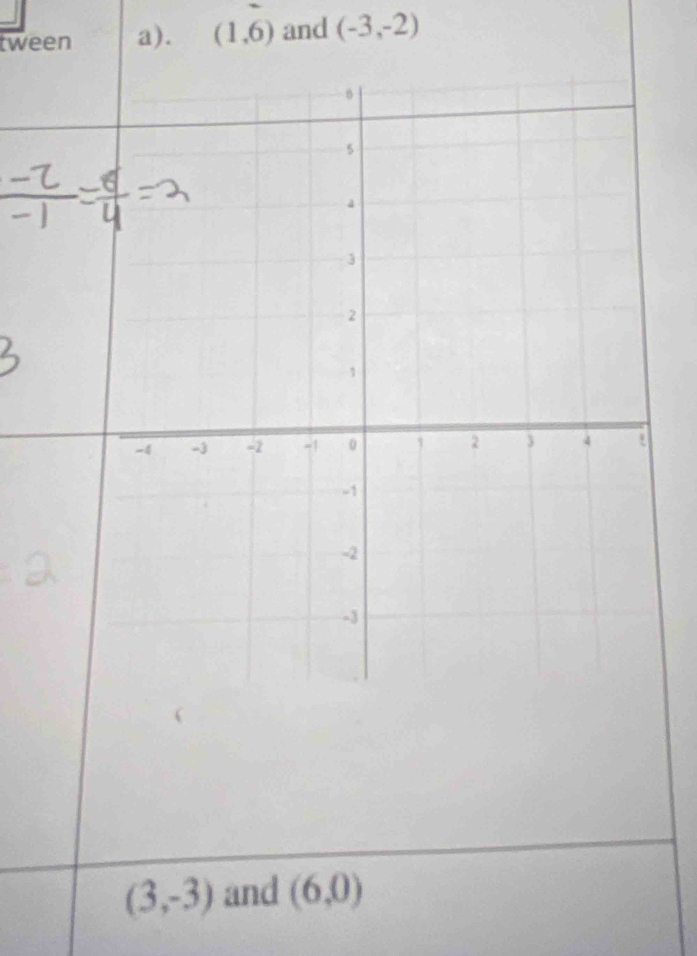 tween a). (1,6) and (-3,-2)
(3,-3) and (6,0)