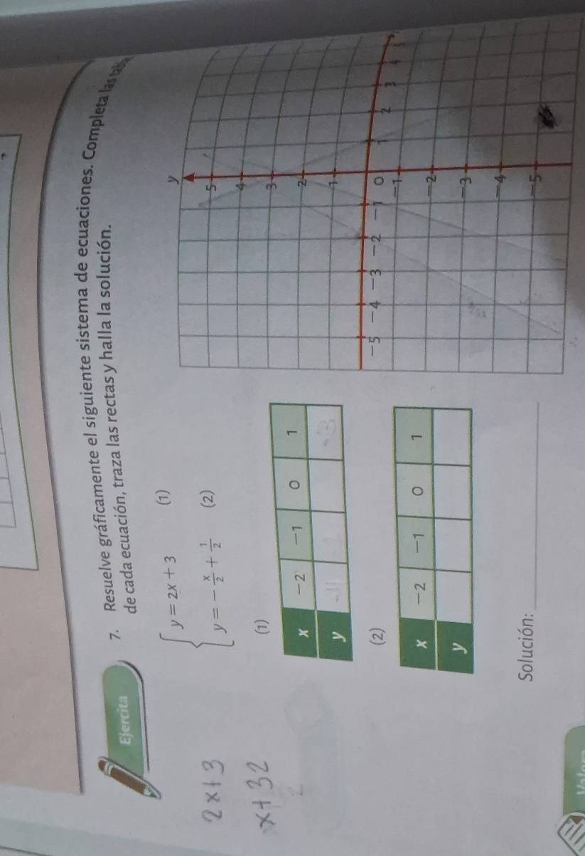 Ejercita 
7. Resuelve gráficamente el siguiente sistema de ecuaciones. Completa las ta 
de cada ecuación, traza las rectas y halla la solución. 
(1)
beginarrayl y=2x+3 y=- x/2 + 1/2 endarray. (2) 
(2) 
_ 
Solución: 
Valor