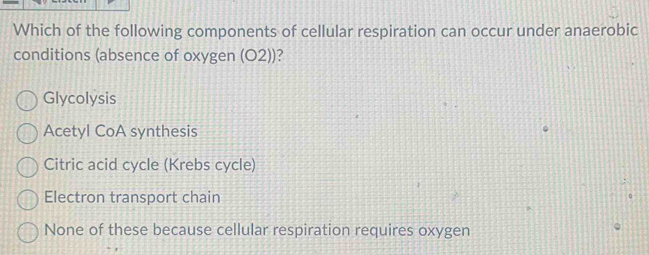 Which of the following components of cellular respiration can occur under anaerobic
conditions (absence of oxygen (O2))?
Glycolysis
Acetyl CoA synthesis
Citric acid cycle (Krebs cycle)
Electron transport chain
None of these because cellular respiration requires oxygen